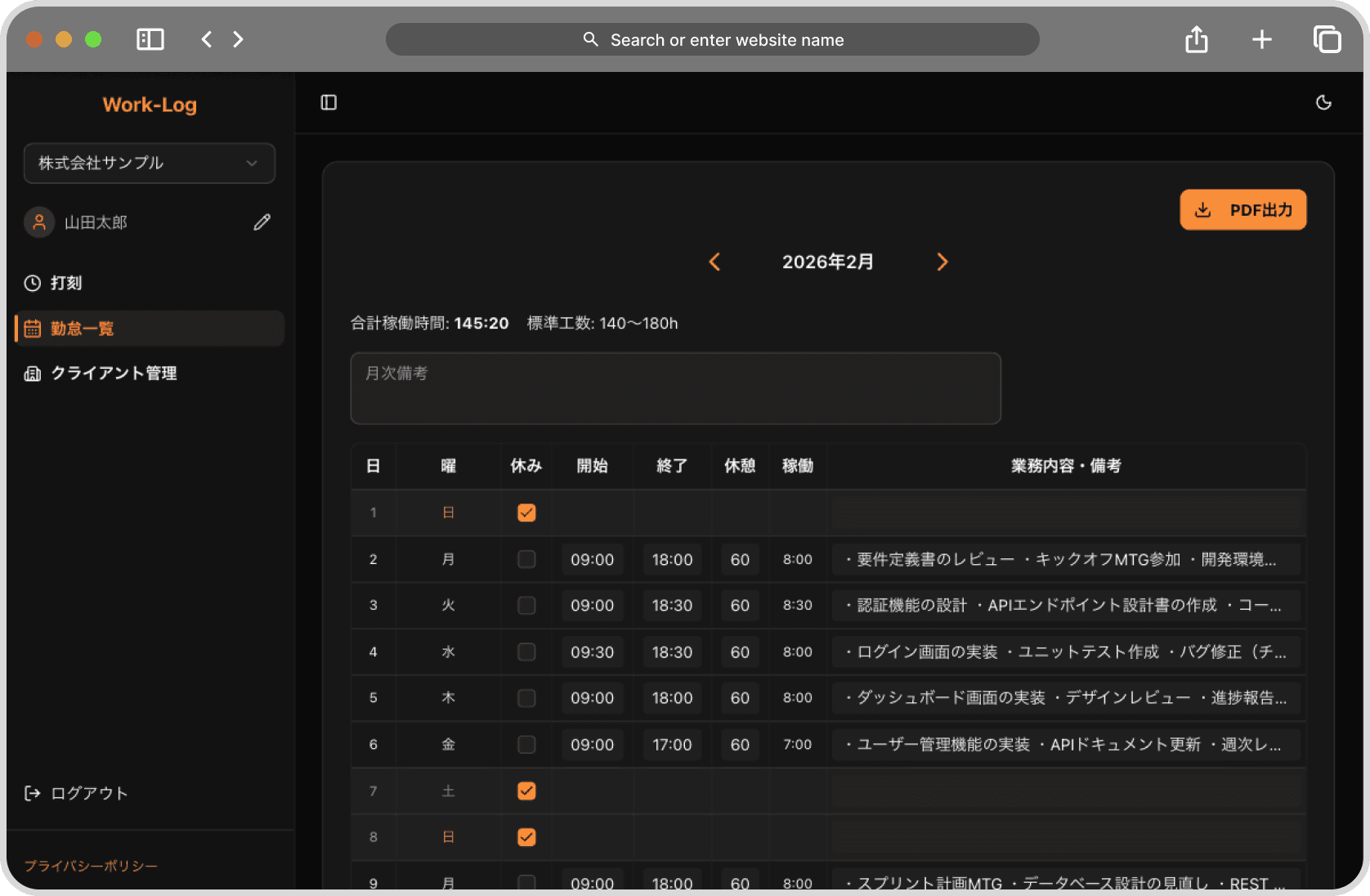 Work-Log ダッシュボード画面